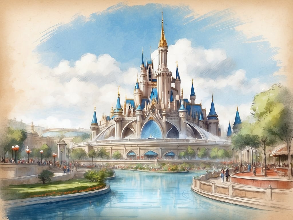 Auf dem Bild ist ein fantasievolles Schloss mit blauen Türmen und goldenen Spitzen zu sehen. Es befindet sich in einer traumhaften Umgebung, die von einem Gewässer und zahlreichen Bäumen umgeben ist. Zugang zum Schloss scheint über einen Weg zu erfolgen, der von Menschen belebt ist. Die Lage des Hotels könnte in einem Freizeitpark oder einer Märchenlandschaft sein, die Besucher in eine magische Welt entführt.