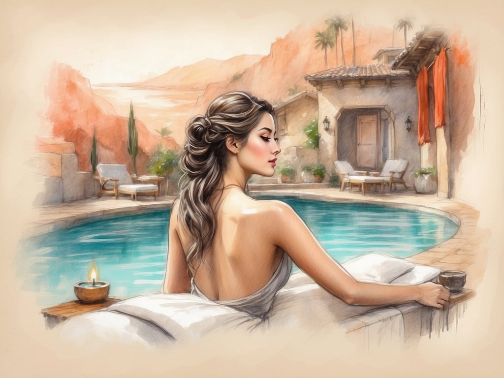 Auf dem Bild ist eine entspannte Frau zu sehen, die an einem Pool sitzt. Sie genießt die ruhige Atmosphäre eines Wellness- und Entspannungsbereichs. Typische Wellness- und Entspannungsmöglichkeiten in solch einer Umgebung könnten Massagen, aromatherapeutische Anwendungen, Spa-Behandlungen oder einfach das Entspannen am Pool mit einem Getränk sein. Die Umgebung wirkt harmonisch und einladend, perfekt für eine Auszeit vom Alltag.