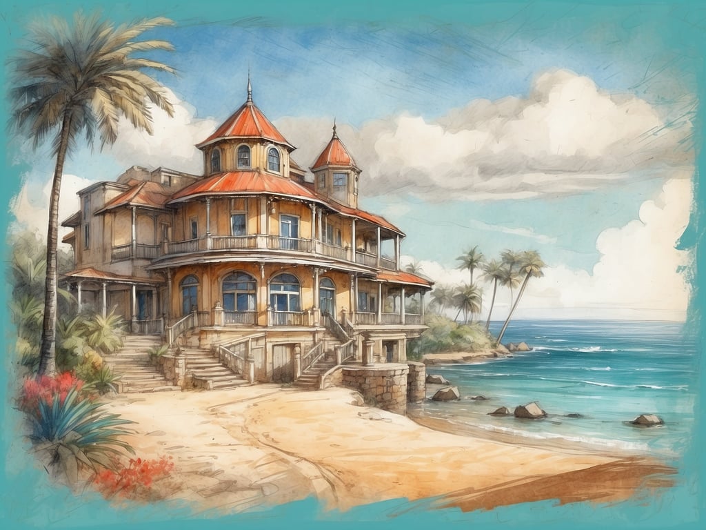 Auf dem Bild ist eine malerische Strandvilla zu sehen, umgeben von Palmen und mit Blick auf das Meer. In der Nähe des Hotels könnten Sehenswürdigkeiten wie der Strand, lokale Märkte oder historische Stätten zu finden sein. Möglicherweise gibt es auch Wassersportmöglichkeiten oder Wanderwege in der Umgebung, die die Schönheit der Landschaft unterstreichen.