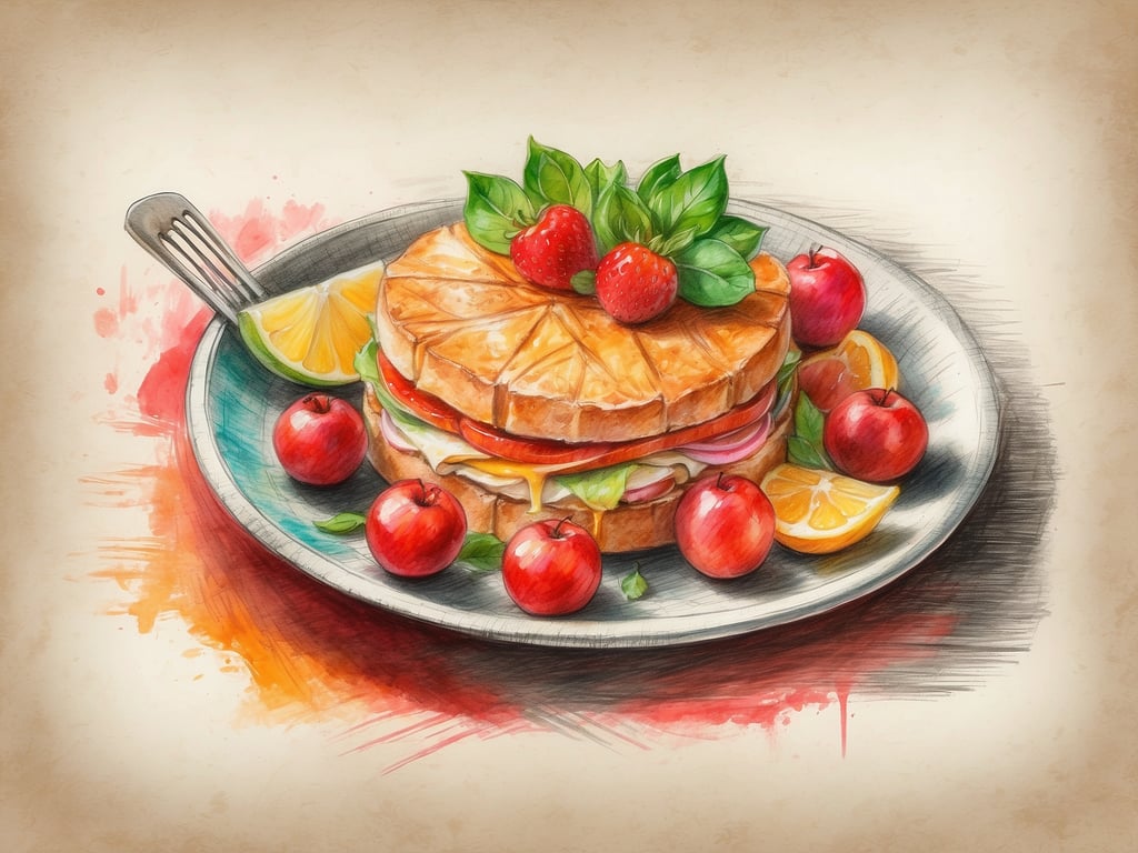 Auf dem Bild ist ein kunstvoll gestaltetes Gericht zu sehen, das auf einem Teller angerichtet ist. Es zeigt eine appetitliche Sandwich-Kreation, die aus mehreren Schichten besteht und mit frischen Zutaten wie Gemüse und Käsescheiben gefüllt ist. Die Präsentation wird durch eine Garnitur aus frischen Erdbeeren und Äpfeln sowie einigen Zitronenscheiben ergänzt, was dem Gericht eine frische und einladende Note verleiht.

Die kulinarischen Genüsse in den Restaurants bieten oft eine solche kreative und ansprechende Präsentation der Speisen, die nicht nur den Gaumen, sondern auch das Auge erfreuen.