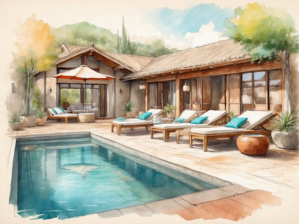 Auf dem Bild ist ein schöner Außenbereich zu sehen, der ideal für Freizeit- und Wellnessangebote ist. Im Vordergrund befindet sich ein einladender Swimmingpool, der zum Entspannen einlädt. Rund um den Pool stehen bequeme Liegen mit Kissen, perfekt für Sonnenbäder oder zum Lesen. Eine Sonnenschirm bietet Schatten, während die umliegenden Pflanzen eine entspannende Atmosphäre schaffen. Das gesamte Setting scheint darauf ausgelegt zu sein, eine ruhige und erholsame Zeit im Freien zu genießen, vielleicht mit einem guten Buch oder einem erfrischenden Getränk. Die Architektur des Hauses vermittelt zudem ein Gefühl von Gemütlichkeit und Stil.