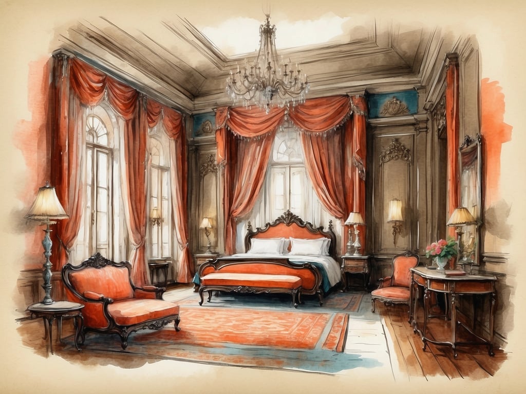 Auf dem Bild ist eine stilisierte Darstellung eines eleganten Zimmers zu sehen. Das Zimmer ist üppig gestaltet mit opulenten Vorhängen in warmen Rottönen, die sanft zu den Fenstern fallen. Ein großes Bett im klassischen Stil dominiert den Raum, umgeben von antiken Möbeln, die dem Zimmer eine luxuriöse Atmosphäre verleihen. Sanfte Lichtquellen wie Tischlampen sorgen für ein gemütliches Ambiente.

Im Kontext des NH Hotels Collection Torino Piazza Carlina könnte dieses Bild die Atmosphäre und den Stil eines der hochwertigen Zimmer im Hotel widerspiegeln, das für seine elegante und historisch inspirierte Einrichtung bekannt ist. Die Kombination aus Komfort und einem Hauch von Tradition macht das Hotel zu einem ansprechenden Ziel für Reisende, die das traditionelle italienische Design schätzen.