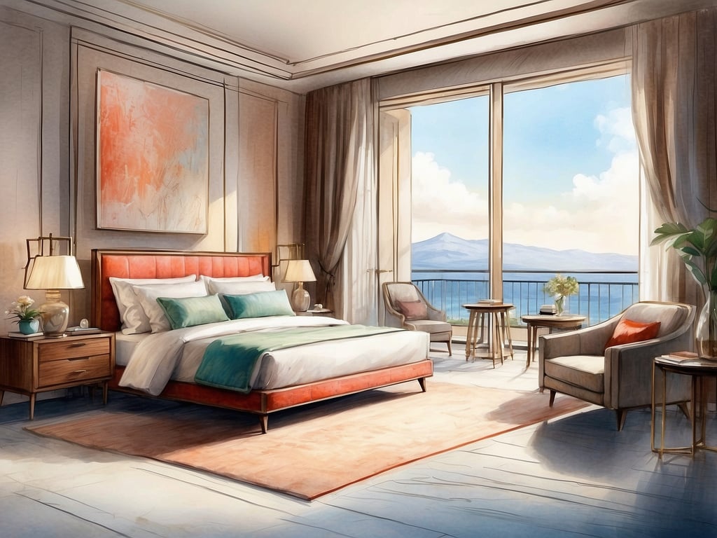 Auf dem Bild ist ein elegantes Schlafzimmer zu sehen. Die Wände sind hell und dezent gestaltet. Im Raum stehen ein großes, bequemes Bett mit einer roten Polsterung und dekorativen Kissen. An den Seiten des Bettes befinden sich Nachttische mit lampen und einer kleinen Vase mit einer Blume. 

Es gibt große Fenster, die einen herrlichen Blick auf eine Landschaft mit Wasser und Bergen bieten. Vor den Fenstern hängen leichte Vorhänge, die das Licht sanft durchlassen. Auf der gegenüberliegenden Seite des Zimmers stehen zwei gemütliche Sessel mit einem kleinen Beistelltisch dazwischen, der eine weitere Vase mit Blumen beherbergt. Der Boden ist mit einem hellen Teppich ausgelegt, der dem Raum eine warme Atmosphäre verleiht.