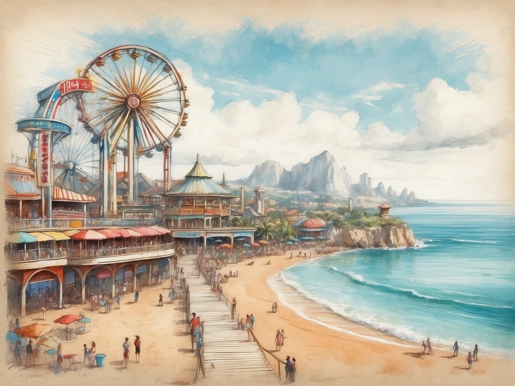 Auf dem Bild ist eine Küstenlandschaft mit einem Vergnügungspark zu sehen. Im Vordergrund gibt es einen Strand mit Menschen und Ständen, während im Hintergrund ein Riesenrad und bunte Pavillons zu sehen sind. In der Nähe könnte eine Sehenswürdigkeit wie der 