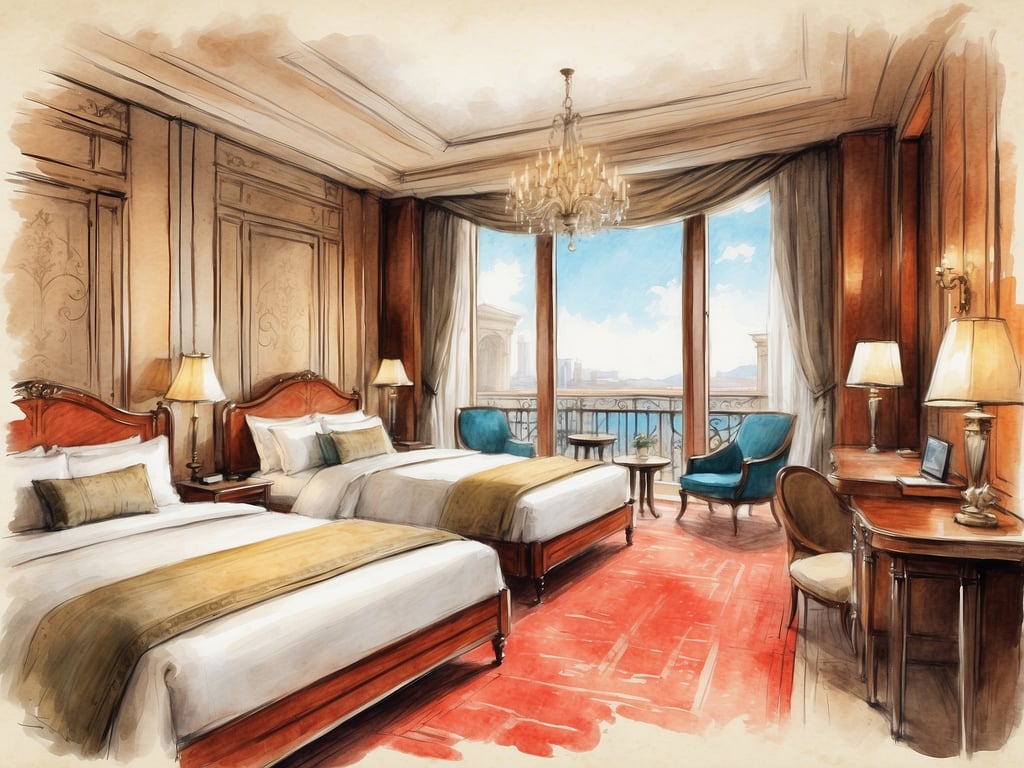 Auf dem Bild ist ein elegantes Hotelzimmer zu sehen, das möglicherweise mit Annehmlichkeiten von NH Hotels ausgestattet ist. Der Raum verfügt über zwei komfortable Betten mit hochwertigen Bettdecken und Kissen. Am Fenster gibt es einen herrlichen Ausblick, ergänzt durch eine gemütliche Sitzecke mit stilvollen Möbeln.

Die Ausstattung könnte Elemente wie kostenloses WLAN, eine Minibar und einen Schreibtisch einschließen, ideal für sowohl Geschäftsreisende als auch Urlauber. Die warme Farbgestaltung und die geschmackvolle Dekoration sorgen für eine einladende Atmosphäre, die den Gästen einen entspannten Aufenthalt ermöglicht.