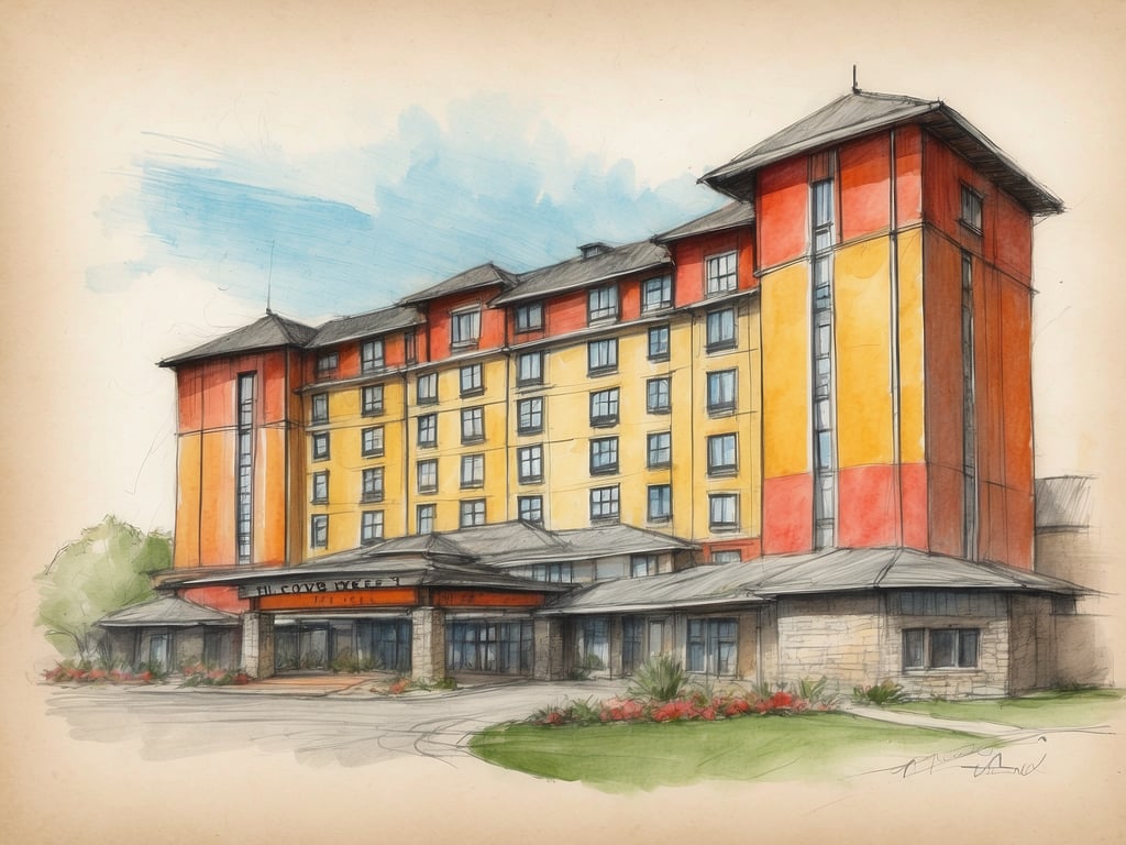 Auf dem Bild ist eine skizzierte Darstellung eines mehrstöckigen Hotels zu sehen, das mit einer bunten Fassade gestaltet ist. Der Hotelname ist deutlich sichtbar im Eingangsbereich. 

Wenn Sie nach Last-Minute-Angeboten für Hotels suchen, empfehle ich, die NH Hotels zu überprüfen. Dort gibt es regelmäßig Rabatte und Gutscheincodes, um beim Buchen zu sparen. Jetzt Rabatte sichern!
