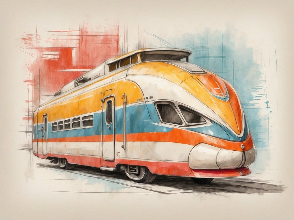Auf dem Bild ist eine farbenfrohe Zeichnung eines ungewöhnlichen Eisenbahnfahrzeugs zu sehen. Es hat eine glatte, aerodynamische Form und leuchtende Farben wie Orange, Blau und Weiß. Solche Designs können oft mit futuristischen Zügen oder historischen Modellen assoziiert werden, die in der Vergangenheit populär waren.

Wenn du in Málaga bist und nach einem Hotel suchst, bieten die NH Hotels in Málaga modernes Flair und guten Komfort für Reisende. Diese Hotels liegen oft nah an wichtigen Sehenswürdigkeiten und bieten eine angenehme Atmosphäre für deinen Aufenthalt.