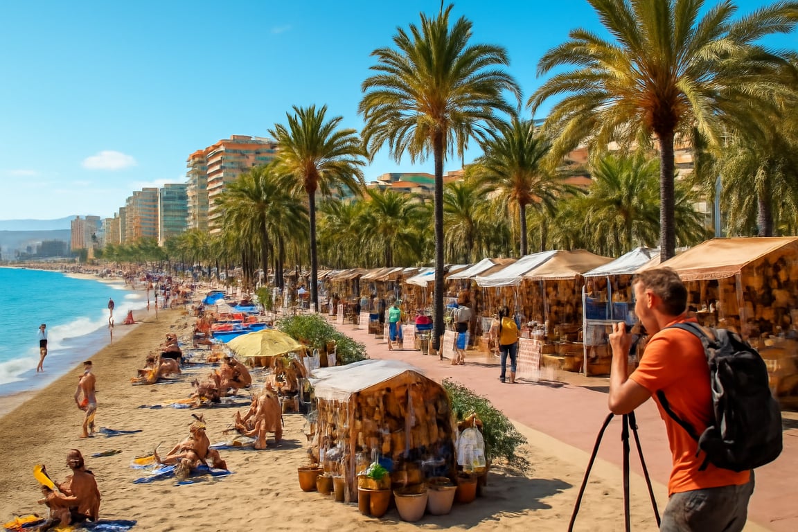 Blick auf einen belebten Strand mit Palmen, Liegen, Marktständen und Menschen, die Sonne genießen und fotografieren.