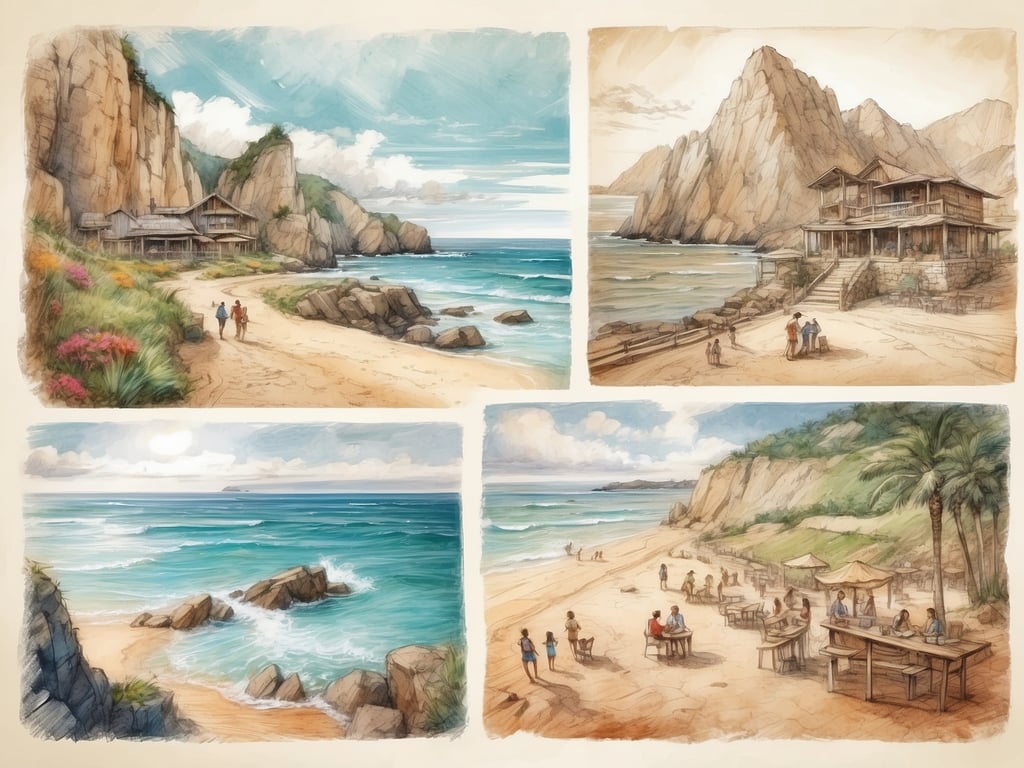 Auf dem Bild sind verschiedene Szenen einer Küstenlandschaft zu sehen. In der oberen linken Ecke sieht man einen Strand mit einer faszinierenden Felsenlandschaft, wo zwei Personen einen Spaziergang machen. Dies könnte ein beliebter Ort für Wanderungen und Naturerkundungen sein. 

In der oberen rechten Ecke ist ein hübsches Holzhaus direkt am Wasser, umgeben von ebenfalls beeindruckenden Felsen. Dies könnte eine charmante Unterkunft oder ein Café sein, ideal für Besucher, die die Aussicht genießen möchten.

Die untere Hälfte zeigt verschiedene Küstenansichten mit klaren, blauen Gewässern und Felsen im Wasser. Diese Umgebung könnte hervorragend zum Schwimmen, Schnorcheln oder Bootfahren geeignet sein. 

Der Bereich in der unteren rechten Ecke scheint eine gesellige Atmosphäre zu haben, wo Menschen an Tischen sitzen, möglicherweise um lokale Spezialitäten zu genießen. Dies könnte dem Besucher die Möglichkeit bieten, regionale Küche zu probieren und sich mit anderen auszutauschen.

Insgesamt vermittelt das Bild den Eindruck eines idyllischen Küstenortes, der viele Aktivitäten wie Schwimmen, Wandern und Essen in der Natur bietet.