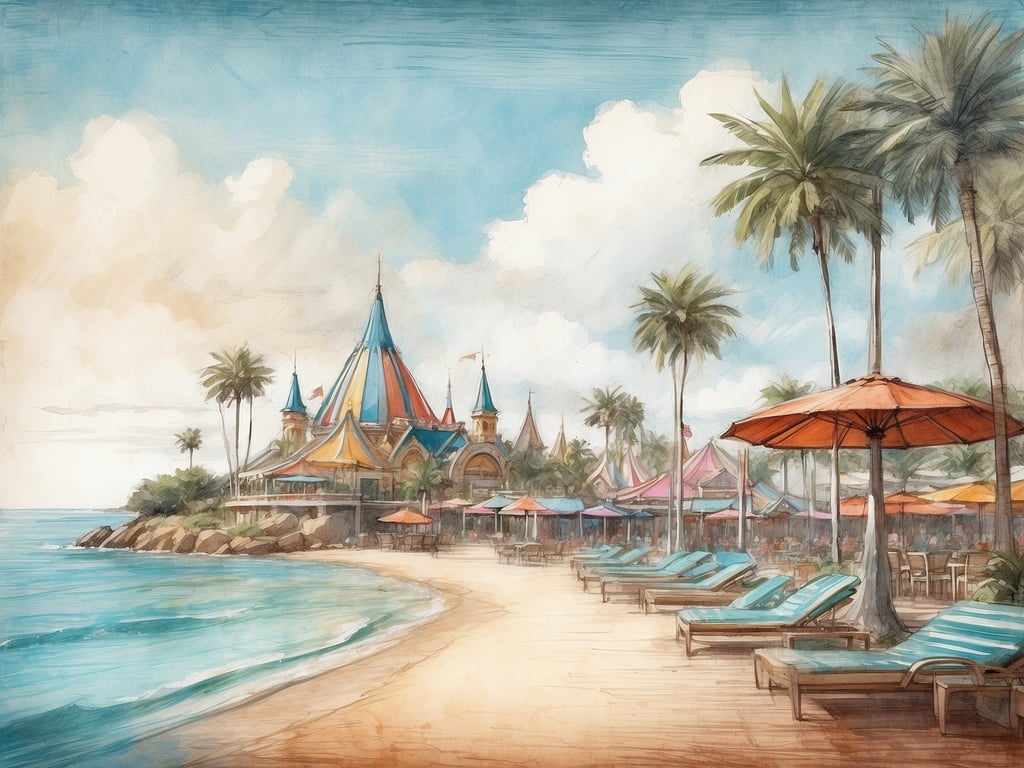 Auf dem Bild ist ein Strand mit Liegen und Sonnenschirmen zu sehen, vor einer bunten, fantasievoll gestalteten Gebäude. Diese Art von Umgebung erinnert an zahlreiche Ferienorte, besonders in tropischen Regionen wie der Karibik oder Florida. In der Nähe könnten Sehenswürdigkeiten wie der Themenpark 