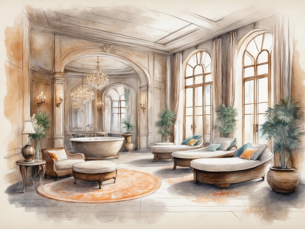 Auf dem Bild ist ein eleganter Raum zu sehen, der an einen luxuriösen Spa oder Wellnessbereich erinnert. Die Architektur ist opulent, mit hohen Decken und großen Fenstern, die viel Licht hereinlassen. 

Einige einzigartige Annehmlichkeiten und Serviceangebote könnten Folgendes umfassen:

1. **Entspannungszonen**: Bequeme Liegen laden Gäste ein, sich zu entspannen und die Ruhe zu genießen.
2. **Exklusive Badewanne**: Eine großzügige Badewanne für luxuriöse Wohlfühlbäder.
3. **Hochwertige Beleuchtung**: Kristallleuchter und stilvolle Wandlampen schaffen eine entspannende Atmosphäre.
4. **Grüne Pflanzen**: Die Integration von Pflanzen bringt ein Gefühl von Natur und Frische in den Raum.
5. **Individuelle Wellness-Behandlungen**: Personalisierte Spa-Behandlungen für eine umfassende Entspannung.

Insgesamt vermittelt der Raum ein Gefühl von Luxus und Erholung.