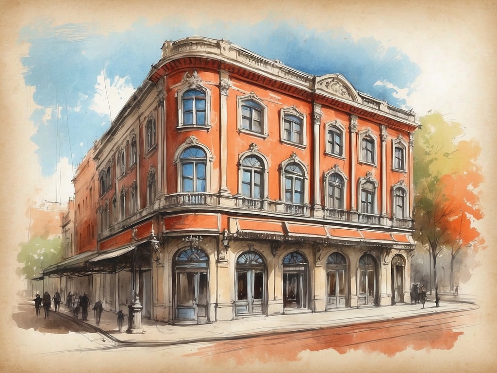 Das Bild zeigt eine künstlerische Darstellung eines eleganten Gebäudes, das an das NH Hotel in Puebla Centro Histórico erinnern könnte. Das Hotel liegt im Herzen von Puebla und ist bekannt für seine architektonische Schönheit, die sowohl historische als auch moderne Designelemente kombiniert. 

Es bietet Gästen komfortable Unterkünfte, zahlreiche Annehmlichkeiten und eine zentrale Lage, von der aus man leicht die Sehenswürdigkeiten der Stadt erreichen kann. Die lebendige Umgebung lädt dazu ein, die Kultur und das Erbe von Puebla zu erkunden.