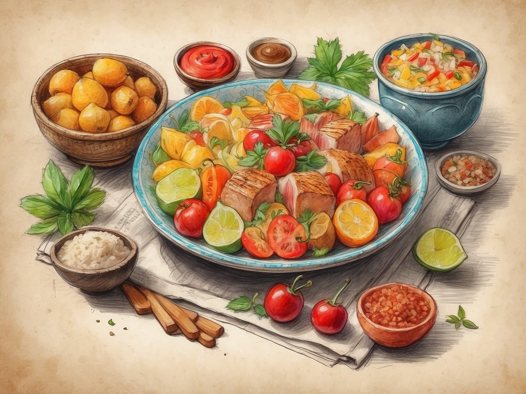 Auf dem Bild ist eine ansprechend angerichtete Mahlzeit zu sehen, die eine bunte Auswahl an Zutaten umfasst. Es gibt gegrilltes Fleisch, frisches Gemüse, verschiedene Früchte und Saucen. Diese Art von gastronomischem Erlebnis erinnert an die Vielfalt und Frische, die man bei NH Hotels in Querétaro genießen kann. Dort werden oft regionale Spezialitäten in einem einladenden Ambiente serviert, wobei lokale Zutaten und traditionelle Rezepte eine zentrale Rolle spielen. GästInnen können sich auf ein außergewöhnliches kulinarisches Erlebnis freuen, das die Aromen der Region widerspiegelt.