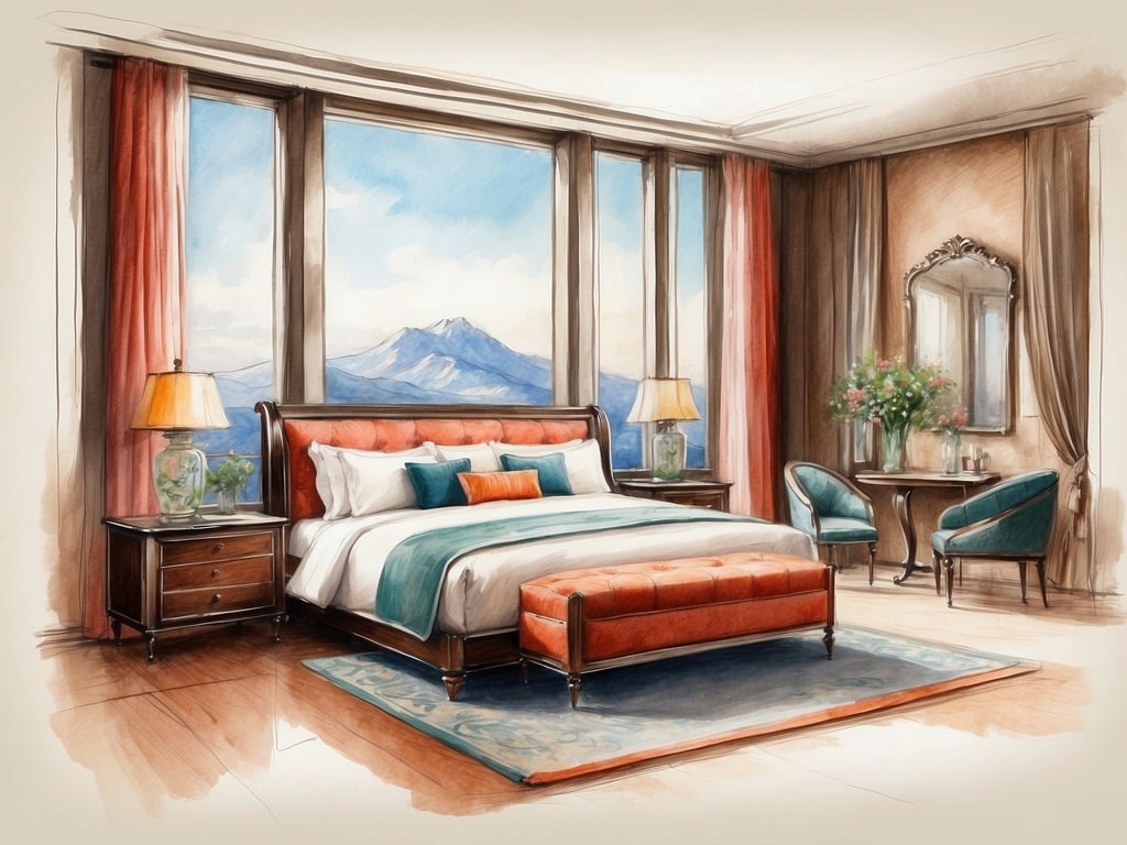 Auf dem Bild ist ein elegantes Schlafzimmer zu sehen. Es ist mit großen Fenstern ausgestattet, die einen schönen Blick auf eine Berglandschaft bieten. 

Die Ausstattung umfasst:

- Ein großes, komfortables Bett mit einer orangefarbenen und teal-farbenen Bettdecke.
- Nachttische auf beiden Seiten des Bettes, einer davon mit einer Lampe und einer Vase mit einer Pflanze.
- Ein gemütlicher Hocker am Fußende des Bettes.
- Zwei stilvolle Stühle in einerTeal-Farbe, die um einen kleinen Tisch gruppiert sind.
- An einer Wand gibt es einen Spiegel und eine Vase mit frischen Blumen.
- Der Boden ist aus Holz und ein dekorativer Teppich ergänzt die Einrichtung. 

Die Umgebung strahlt eine freundliche und einladende Atmosphäre aus.