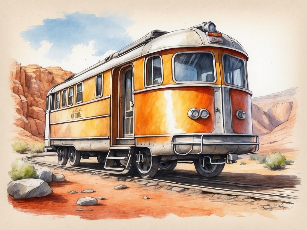 Auf dem Bild ist ein historischer, orangefarbener Zugwaggon zu sehen, der auf einer Schiene steht. Die Landschaft um den Waggon wirkt wüstenartig mit Felsen und etwas Vegetation. 

Freizeitangebote, die mit einem solchen Bild assoziiert werden könnten, sind zum Beispiel:

1. **Schienenausflüge**: Eine Fahrt in einem historischen Zug, um die Landschaft zu erkunden.
2. **Fotografie**: Workshops oder Touren, um ähnliche Motive in der Natur festzuhalten.
3. **Wanderungen**: Erkundung der Umgebung mit Möglichkeiten für Wandertouren.
4. **Picknicks**: In der Natur nahe der Schienen, um die Aussicht zu genießen. 

Solche Aktivitäten könnten ein tolles Erlebnis bieten, besonders in einer reizvollen Umgebung wie dieser.
