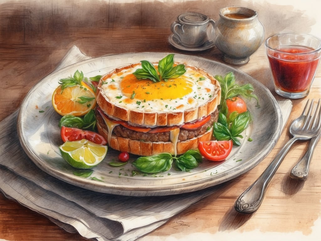 Auf dem Bild ist eine ansprechend angerichtete Speise zu sehen, die aus mehreren Schichten Toastbrot, einem Spiegelei und frischen Beilagen wie Tomaten und Kräutern besteht. Dazu gibt es Zitrusfrüchte wie Limetten und Orangen sowie ein Glas mit einer roten Flüssigkeit, vermutlich Saft oder Marmelade.

In den NH Hotels Wien Belvedere können Gäste ebenfalls besondere Dining-Erlebnisse genießen. Das Restaurant bietet eine vielfältige Auswahl an internationalen Gerichten und heimischen Köstlichkeiten. Oftmals werden frische Zutaten und kreative Zubereitungen verwendet, um den Gästen ein unvergessliches kulinarisches Erlebnis zu bieten. Frühstücksoptionen reichen von herzhaften bis hin zu süßen Speisen, ähnlich der liebevollen Anrichtung und Geschmackstiefe auf dem gezeigten Bild.