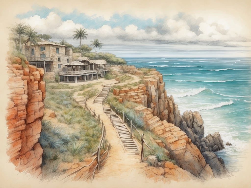 Auf dem Bild ist eine malerische Küstenlandschaft zu sehen, die von roten Klippen und einem ruhigen Ozean geprägt ist. In der Nähe der Klippen stehen einige Gebäude, wahrscheinlich alte oder historische Häuschen. 

Diese Szenerie erinnert an beliebte Küstenregionen, wo man Aktivitäten wie Wandern auf den Klippen, Schwimmen im Meer oder einfach Entspannen am Strand genießen kann. Möglicherweise könnte es sich um Orte wie die Küstenstädte der Algarve in Portugal oder die Cote d'Azur in Frankreich handeln. Solche Region bieten auch Möglichkeiten zum Fotografieren von Sonnenuntergängen, Bootsfahrten oder dem Erkunden von malerischen Wanderwegen entlang der Klippen.