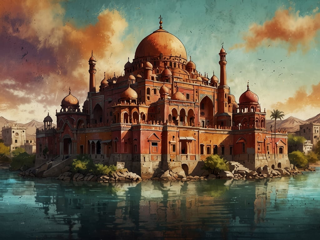 Auf dem Bild ist ein prachtvolles Bauwerk zu sehen, das architektonische Elemente aus verschiedenen Kulturen vereint. Die gute Mischung aus hohen Türmen, runden Kuppeln und aufwendigen Verzierungen zeigt Einflüsse aus orientalischer Architektur, wie sie oft in historischen Palästen oder Moscheen vorkommen. 

Im Vordergrund spiegelt sich das Gebäude im Wasser, was eine friedliche und harmonische Atmosphäre schafft. Diese Art von Architektur ist nicht nur ein Ausdruck von Kunstfertigkeit, sondern spiegelt auch die kulturelle Vielfalt und das historische Erbe der Region wider, in der solche Bauwerke entstanden sind. Solche Strukturen sind oft Zentren des kulturellen Lebens und der Gemeinschaft, was ihre Bedeutung über die reine Ästhetik hinaus unterstreicht.