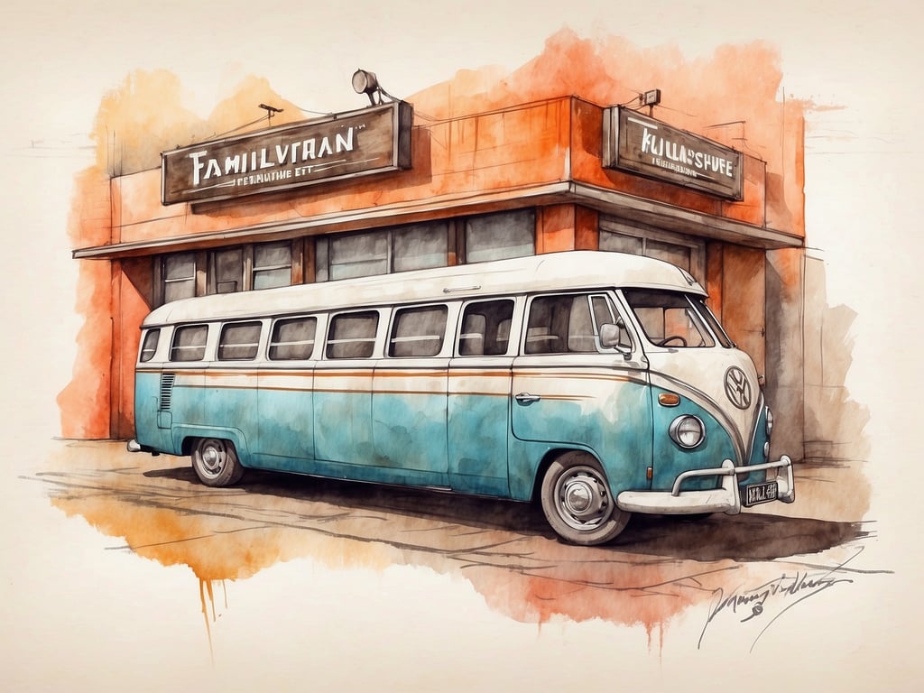 Auf dem Bild ist ein stilisierter, watercolorartiger Entwurf eines alten VW-Busses zu sehen, der vor einem Restaurant oder einer Gaststätte steht. Die Gebäude sind mit Schildern versehen, die die Namen 