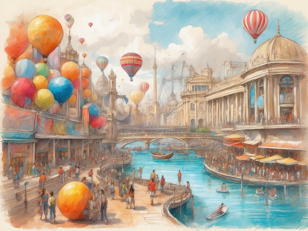 Auf dem Bild ist eine lebendige und farbenfrohe Stadtansicht zu sehen, die von einer Vielzahl an Aktivitäten und Erlebnissen geprägt ist. Über dem Kanal schwebende Heißluftballons in unterschiedlichen Farben schaffen eine festliche Atmosphäre. Entlang der Uferpromenade bewegen sich Menschen, die an einem belebten Marktplatz oder Fest teilnehmen könnten, während Boote gemächlich auf dem Wasser fahren. 

Die Architektur ist eindrucksvoll, mit prunkvollen Gebäuden und einer Brücke, die die Szenerie verbindet. Zusätzlich tragen große, bunte Luftballons zur Freude und zum Trubel bei, was den Eindruck von einem Fest oder einem besonderen Ereignis verstärkt. Die Vielfalt an Menschen und Aktivitäten lässt vermuten, dass es viele Möglichkeiten für Spaß und Gemeinschaft gibt.