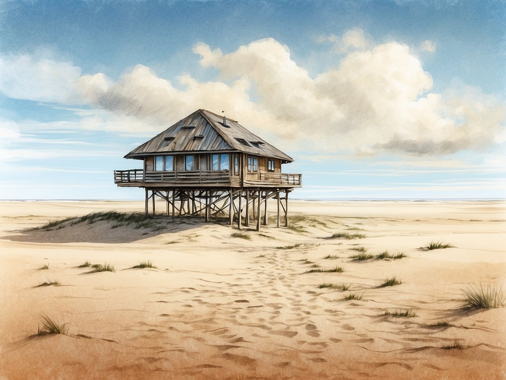 Auf dem Bild ist ein Holzhaus auf Stelzen zu sehen, das sich inmitten eines weiten Sandstrandes befindet. Der Himmel ist blau mit einigen Wolken, und der Strand wirkt ruhig und einladend. 

Dieser Anblick erinnert an die schönsten Strände an der Nordseeküste, wo man oft ähnliche kleine Unterkünfte findet, die perfekt für einen entspannten Urlaub am Meer sind. Diese Strände sind bekannt für ihre Weitläufigkeit, die frische Brise und die Möglichkeit, die Natur in ihrer schönsten Form zu genießen.