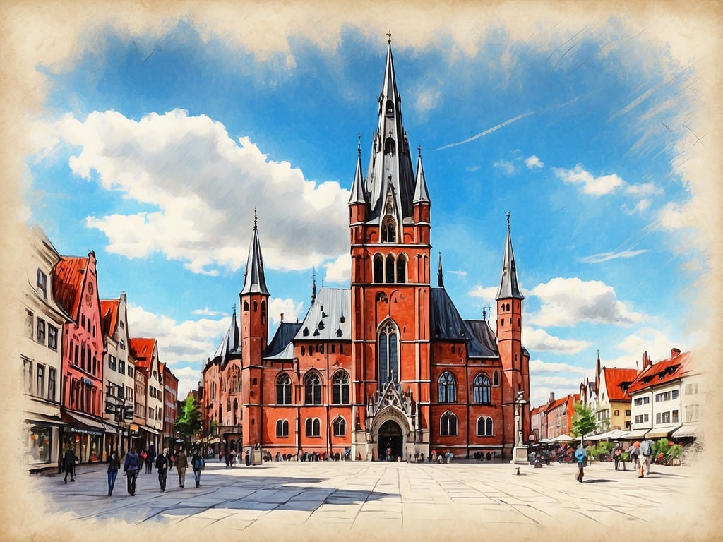 Auf dem Bild ist eine beeindruckende Backsteinkirche im gotischen Stil zu sehen, die möglicherweise das Rathaus oder eine große Kirche in einer Stadt Norddeutschlands darstellt. Solche Bauten sind typisch für norddeutsche Städte wie Lübeck oder Hamburg, wo der Backsteingotik ein wichtiger Teil des architektonischen Erbes ist.

In Lübeck befindet sich beispielsweise die berühmte St. Mary's Church (Marienkirche), die für ihre beeindruckende Architektur und historische Bedeutung bekannt ist. In Hamburg könnte die Hauptkirche St. Michaelis (Michel) gemeint sein, die auch ein Wahrzeichen der Stadt ist. Diese Kirchen sind nicht nur religiöse Stätten, sondern auch kulturelle Highlights, die oft mit Veranstaltungen und Konzerten belebt werden. 

Die Umgebung der Kirche zeigt eine belebte Plaza mit modernen und historischen Gebäuden, was für norddeutsche Städte typisch ist, wo Geschichte und modernes Leben harmonisch nebeneinander existieren.