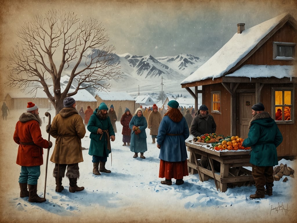 Auf dem Bild sieht man eine winterliche Szene, die an traditionelle isländische Weihnachten erinnert. Es könnte eine Gemeinschaftsversammlung sein, bei der Menschen in bunten, warmen Kleidern zusammenkommen, um möglicherweise Lebensmittel oder Geschenke zu tauschen. 

In Island gibt es viele Bräuche, die mit Weihnachten verbunden sind, wie beispielsweise das Feiern mit Familien, das Backen von speziellen Leckereien und das Brauchtum der 