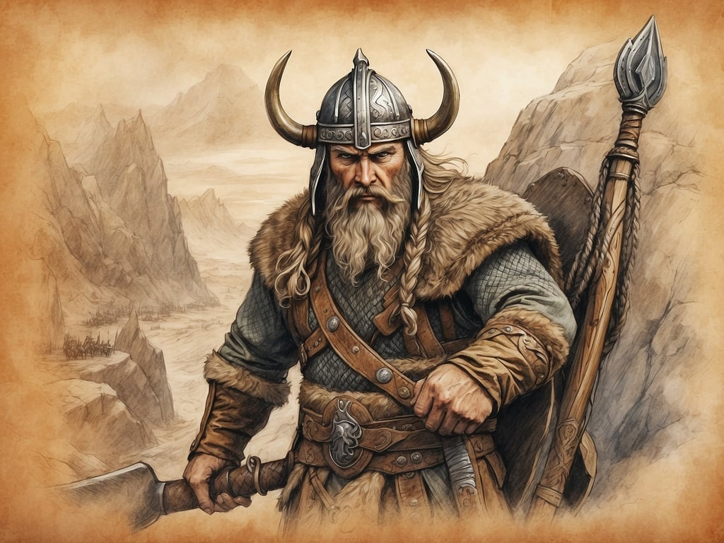 Auf dem Bild ist ein Krieger im vikingerähnlichen Stil zu sehen. Er trägt einen Helm mit Hörnern, der oft mit den Wikingern assoziiert wird, und ist in robuste Kleidung mit Fellbesatz gehüllt. In seiner Hand hält er ein Schwert, und hinter ihm sind ein Speer sowie eine Reihe von Bergen sichtbar. Diese Darstellung vermittelt ein Gefühl von Stärke und Kampfgeist, was typisch für die historische Wahrnehmung der Wikinger ist. Die Wikinger waren bekannt für ihre Seefahrt, ihre Erkundungen und ihre militärischen Fahrten, was in diesem Bild eindrucksvoll illustriert wird.