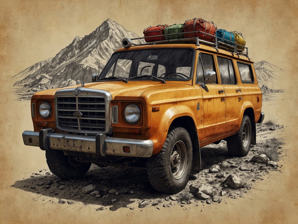 Auf dem Bild ist ein orangefarbener Geländewagen zu sehen, der mit Gepäck auf dem Dach beladen ist. Diese Art von Fahrzeug eignet sich hervorragend für Abenteuerreisen in der Natur, wie zum Beispiel:

1. **Roadtrips**: Eine Fahrt durch malerische Landschaften, vielleicht in die Berge oder an die Küste.
2. **Camping**: Der Wagen könnte als Transportmittel für einen Campingausflug dienen, wo man in der Natur übernachtet.
3. **Offroad-Abenteuer**: Er lädt zu spannenden Fahrten abseits der Straßen ein, wo man die Natur erkunden kann.
4. **Wanderungen**: Der Geländewagen kann genutzt werden, um zu Ausgangspunkten für Wanderungen zu gelangen.

Solche Aktivitäten fördern die Erkundung der Natur und das Abenteuer im Freien.
