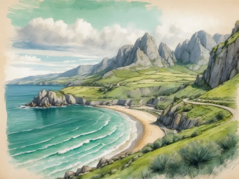 Illustration: Grüne Klippen und Felsentürme säumen eine türkisblaue Bucht mit Sandstrand, darunter grüne Wiesen und dramatischer Himmel