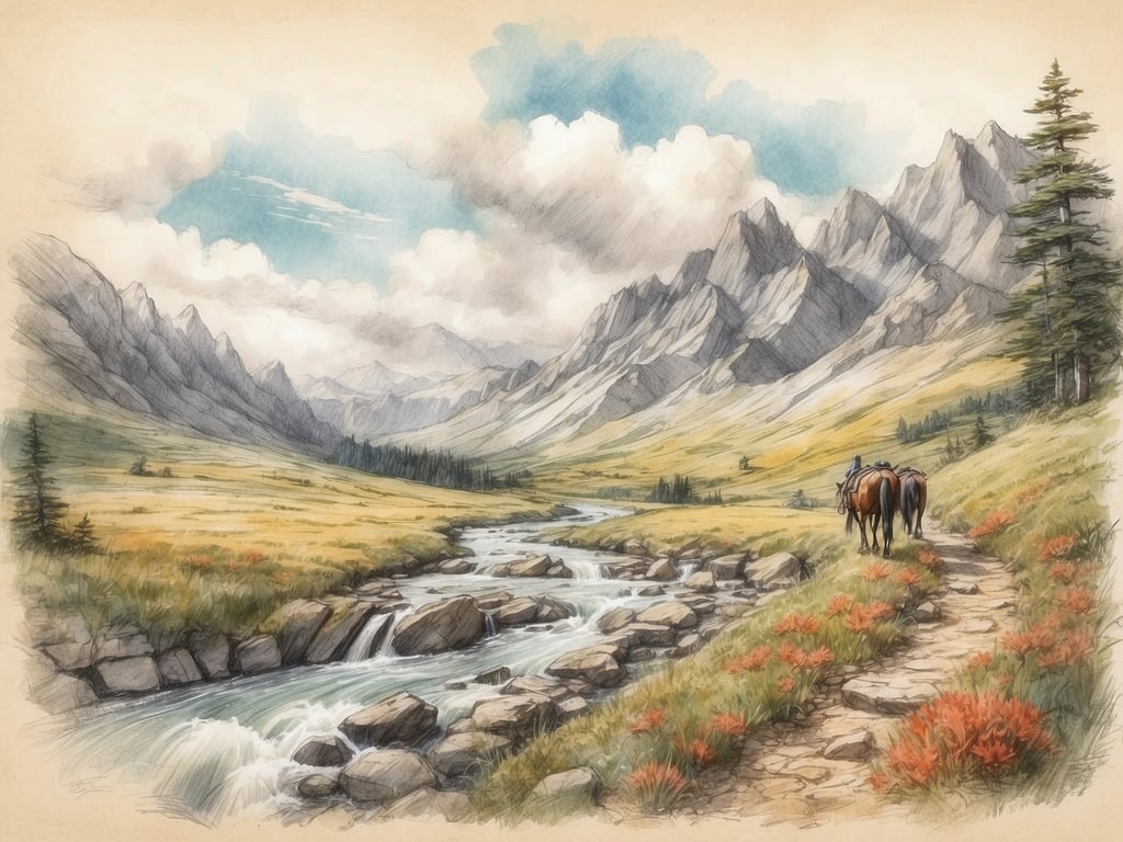 Auf dem Bild ist eine atemberaubende Naturlandschaft zu sehen. Im Vordergrund führt ein malerischer Weg entlang eines plätschernden Baches, gesäumt von bunten Wildblumen. Im Hintergrund erheben sich majestätische Berge, die von dichten Wolken umgeben sind. 

Stellen Sie sich vor, wie man hier wandern oder reiten könnte, während man die frische Luft und die Schönheit der Natur genießt. Man könnte auch angeln oder einfach am Wasser entspannen und die Ruhe der Landschaft erleben. Ideal wäre es auch, ein Picknick in dieser idyllischen Umgebung zu machen.