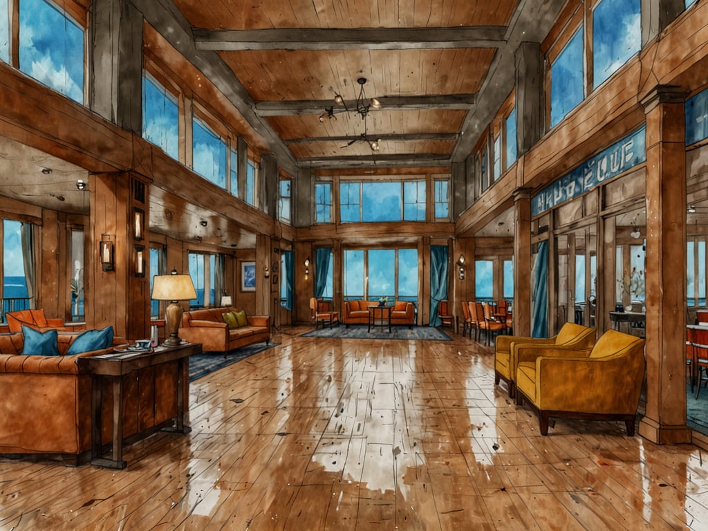 Auf dem Bild ist eine künstlerische Darstellung einer modernen Lounge oder eines Gemeinschaftsraums zu sehen. Der Raum ist lichtdurchflutet mit großen Fenstern, die einen Blick auf das Meer bieten. Die Einrichtung besteht aus eleganten Sofas und Stühlen in warmen Farben, ergänzt durch einen Tisch und eine Stehlampe. Die Holzfußböden und die Holzverkleidung schaffen eine freundliche und einladende Atmosphäre.

Bezüglich der Norwegian Cruise Line sind für 2025 große Umbauten auf den Schiffen Bliss und Breakaway geplant, die möglicherweise ähnliche moderne und ansprechende Gemeinschaftsräume umfassen könnten, um das Erlebnis für die Passagiere weiter zu verbessern.
