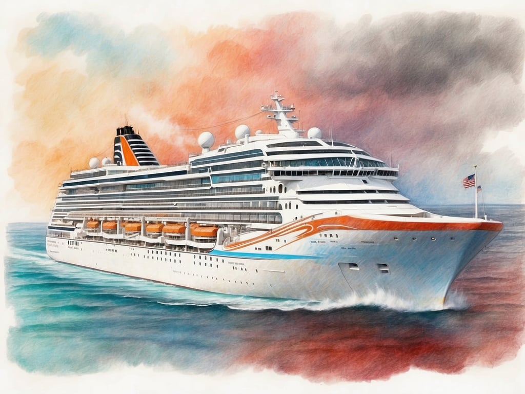 Auf dem Bild ist ein großes Kreuzfahrtschiff zu sehen, das auf dem Wasser fährt. Die Atmosphäre vermittelt eine malerische Stimmung mit sanften Farben im Hintergrund, die an den Sonnenuntergang erinnern. 

Für die letzte Kreuzfahrt vor dem Winter könnte man beliebte Reiseziele wie die Kanaren, die Karibik oder die tropischen Inseln in Betracht ziehen. Diese Orte bieten warmes Wetter und schöne Ausblicke, ideal für eine entspannte Kreuzfahrt vor der kalten Jahreszeit.