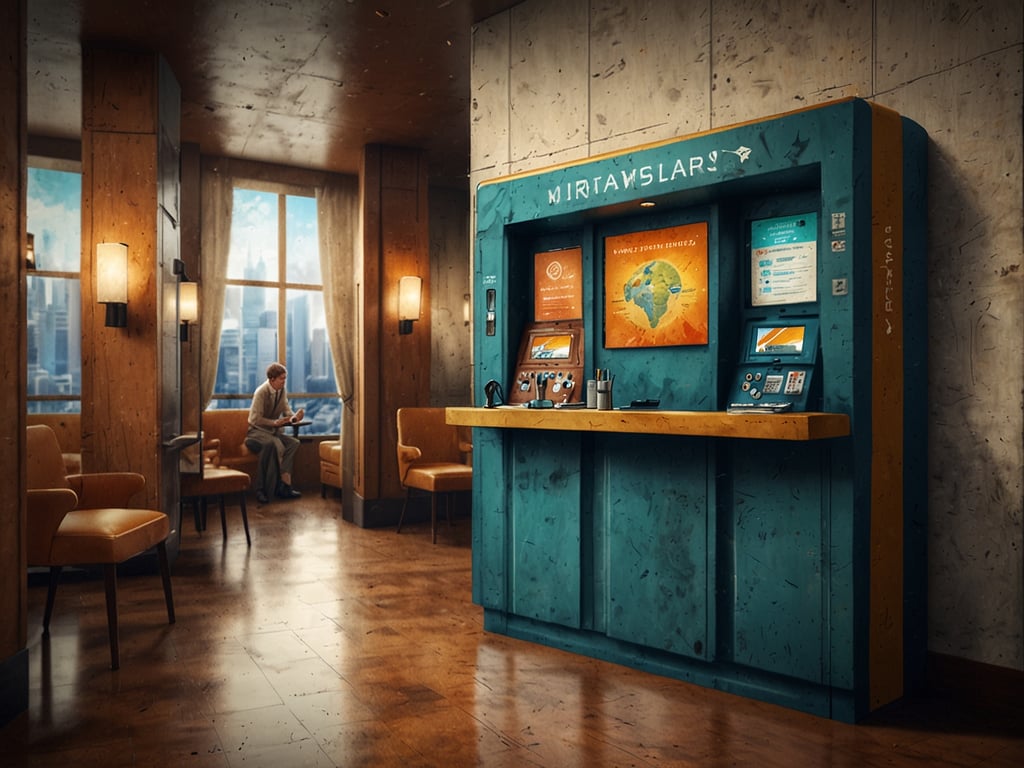 Auf dem Bild ist eine moderne Kasse oder ein Selbstbedienungsterminal in einem geschmackvoll eingerichteten Raum zu sehen. Der Raum scheint eine Aussicht auf eine Stadt zu bieten, und es gibt einige Sitzgelegenheiten. Eine Person sitzt in der Nähe und liest etwas. Diese Art von Einrichtung könnte in einem Hotel oder einem Reisebüro sein. 

Nuvei und Outpayce revolutionieren Reisezahlungen weltweit, indem sie innovative Lösungen anbieten, die es Reisenden erleichtern, Transaktionen sicher und unkompliziert abzuwickeln.