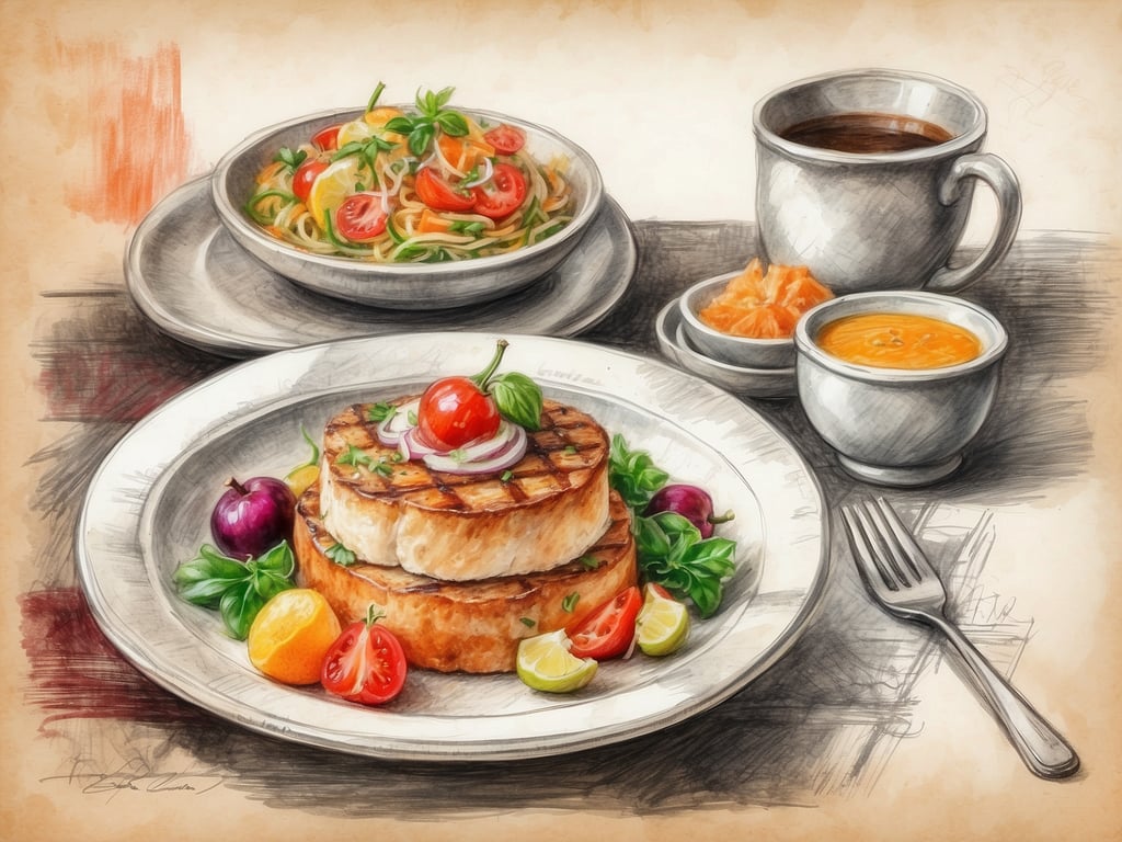Auf dem Bild sind köstliche kulinarische Erlebnisse zu sehen, die im NYX Hotel Herzliya genossen werden können. Es zeigt einen appetitlichen Teller mit einer gegrillten Speise, die von frischen Gemüsesorten wie Kirschtomaten und Limetten begleitet wird. Dazu gibt es einen bunten Salat mit Pasta, der ebenfalls frisch und einladend aussieht. Eine Tasse Kaffee und kleine Dessertportionen runden das Gesamtbild ab, was auf ein feines gastronomisches Erlebnis in einem modernen Ambiente hinweist.