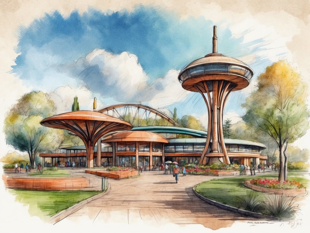 Auf dem Bild ist eine künstlerische Darstellung eines modernen Themenparks zu sehen, wahrscheinlich inspiriert von Oakwood Theme Park. Oakwood, im südwestlichen Wales gelegen, wurde 1987 eröffnet und hat sich seitdem stetig weiterentwickelt. Bekannt für seine Fahrgeschäfte und Attraktionen, wie die Achterbahn 