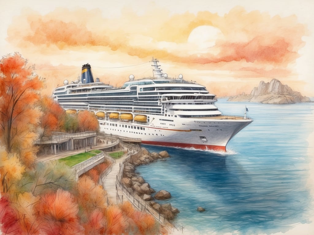 Auf dem Bild ist ein Kreuzfahrtschiff zu sehen, das an einem malerischen Ufer mit bunten Herbstblättern anlegt. Die Szenerie wirkt sehr idyllisch mit einem sanften Sonnenuntergang im Hintergrund. 

Im Oktober navigieren Kreuzfahrtschiffe oft zu Zielen wie der Karibik, den Kanarischen Inseln oder entlang der amerikanischen Ostküste, wo die herbstlichen Farben der Landschaft besonders schön sind. Beliebte Häfen sind zum Beispiel New York City, Miami oder San Juan.