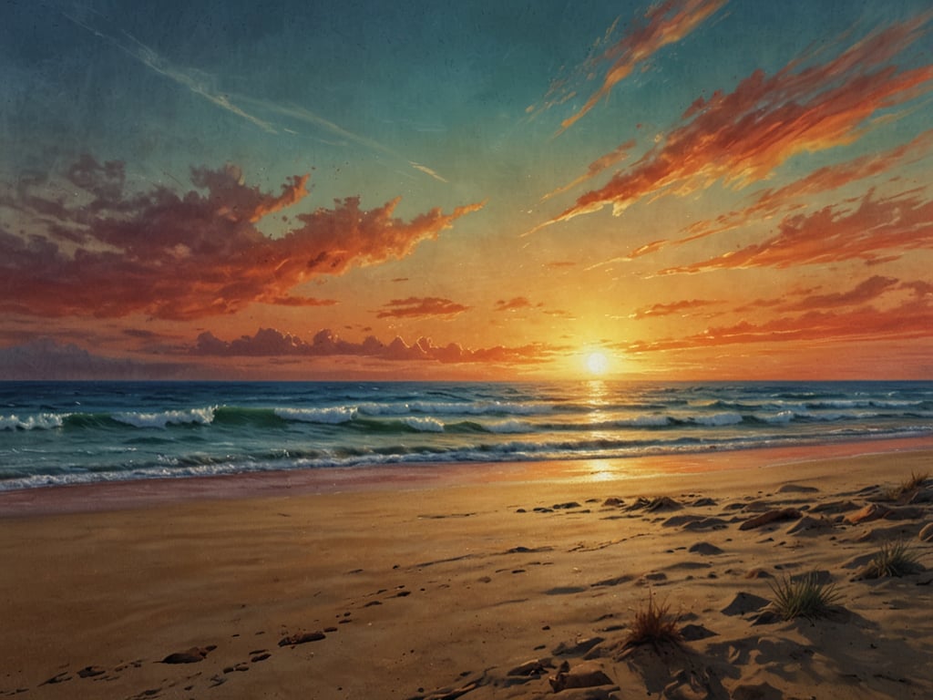 Auf dem Bild ist ein malerischer Strand bei Sonnenuntergang zu sehen, ähnlich den Stränden von Olón. Die Wellen rollen sanft ans Ufer, während der Himmel in warmen Farben leuchtet und die Wolken die Abenddämmerung erhellen. Der Sand ist weich und unberührt, was eine friedliche und idyllische Atmosphäre schafft, typisch für die Schönheit der Strände von Olón.