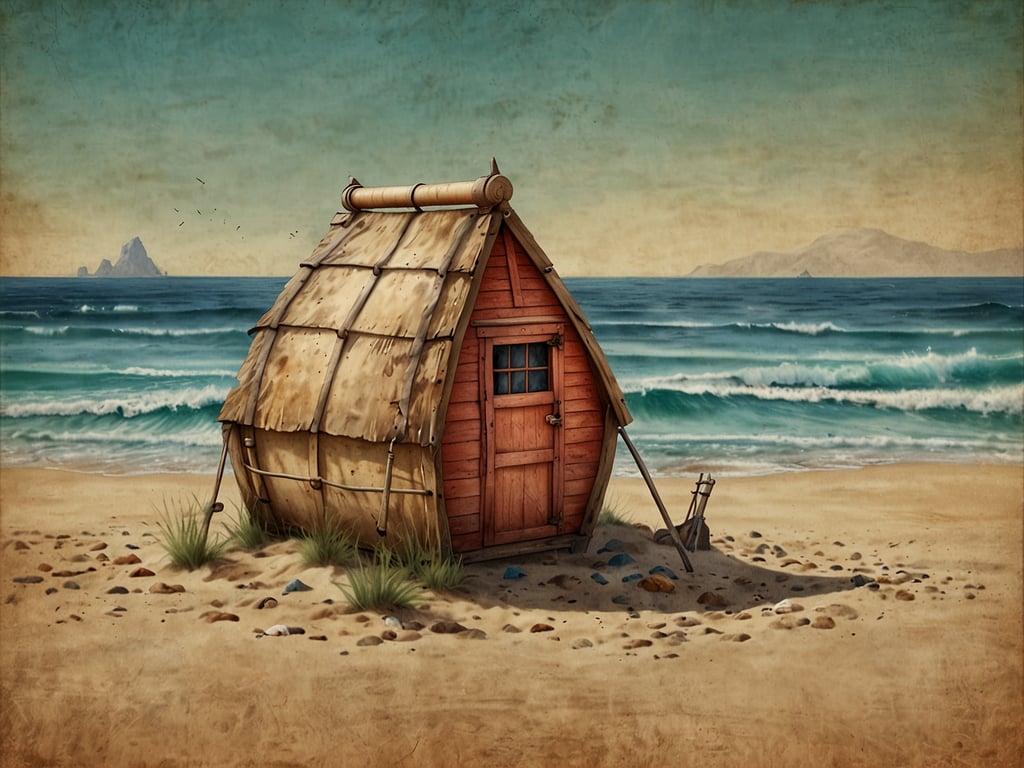 Auf dem Bild ist eine kleine, rote Strandhütte zu sehen, die aus Holz und mit einem Strohdach gebaut ist. Sie steht am Ufer eines Strandes, wo das Meer mit sanften Wellen anrollt. Im Hintergrund sind einige Felsen und Hügel, die die Küstenlandschaft prägen. Die Szenerie vermittelt ein Gefühl von Ruhe und Abgeschiedenheit und lädt zu Meeresabenteuern und Entspannung am Strand ein. Es ist ein idyllischer Ort, um die Natur zu genießen und das Meer zu erleben.