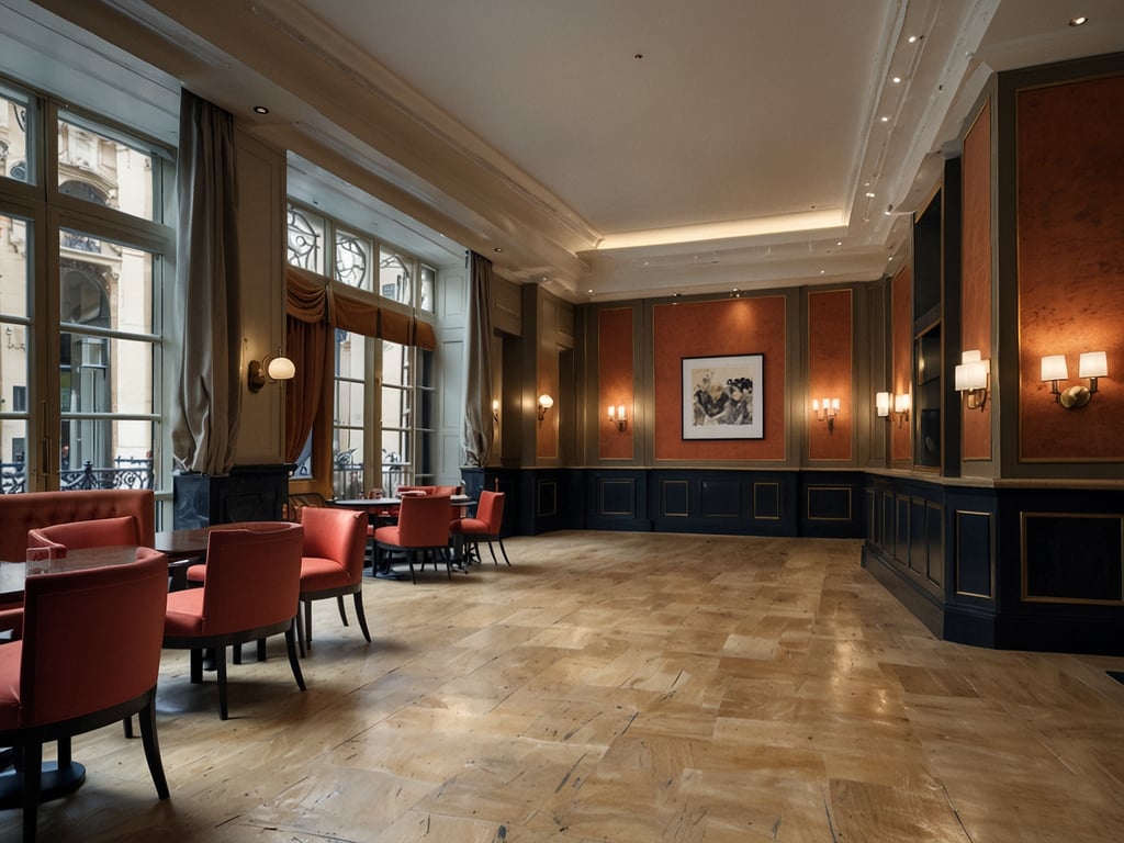 Auf dem Bild ist eine elegante Innenansicht eines Raumes zu sehen, der mit Tischen und roten Stühlen eingerichtet ist. Es gibt große Fenster, durch die Licht strömt, sowie dekorative Wände in sanften Farbtönen. Dieser Raum könnte ein Bereich in einem gehobenen Restaurant oder Café sein. 

One Aldwych ist Londons erstes 5-Sterne-Hotel mit B Corp Zertifizierung, bekannt für seine nachhaltigen Praktiken und überragenden Service.