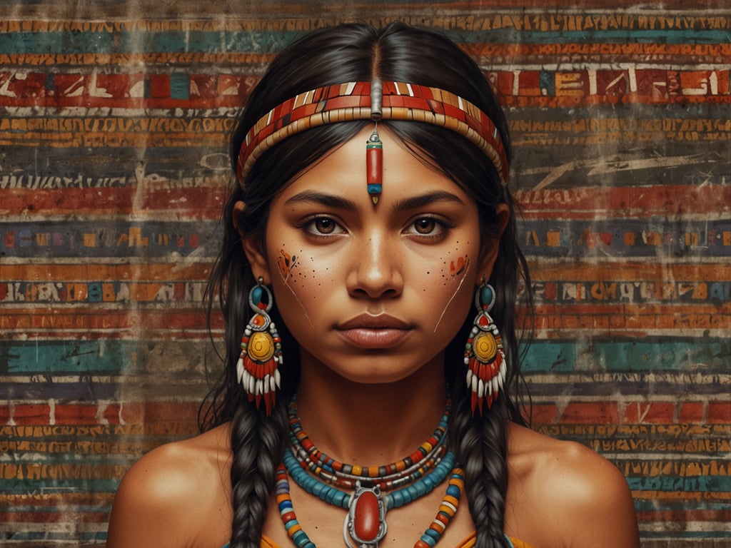 Auf dem Bild ist eine junge Frau mit traditioneller Bekleidung und Schmuck zu sehen, die kulturelle Elemente verkörpert, die mit den indigenen Wurzeln von Otavalo, einer Region in Ecuador, verbunden sind. 

Die Otavaleños sind bekannt für ihre reiche Kultur, die sich in bunter Textilkunst und Handwerkskunst widerspiegelt. Der Schmuck, die Farben und die Muster auf ihrer Kleidung sind typisch für die Otavalo-Gemeinschaft, die stolz auf ihre Traditionen ist und diese bis heute pflegt. Die Verzierung im Hintergrund könnte auch auf die kunstvollen Stickereien und Webarten hinweisen, die für die Region charakteristisch sind. 

Diese kulturellen Ausdrucksformen sind nicht nur ästhetisch, sondern tragen auch tiefere Bedeutungen und Erzählungen über Identität, Geschichte und Gemeinschaft.