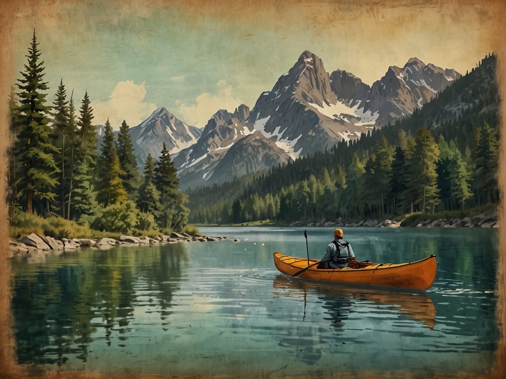 Auf dem Bild ist eine Person zu sehen, die in einem orangefarbenen Kajak auf einem ruhigen See paddelt. Im Hintergrund erheben sich majestätische Berge, während eine üppige Waldlandschaft das Ufer des Sees umgibt. Die Szenerie vermittelt eine friedliche und idyllische Atmosphäre, perfekt für Outdoor-Aktivitäten wie Kajakfahren und das Erkunden der Natur.