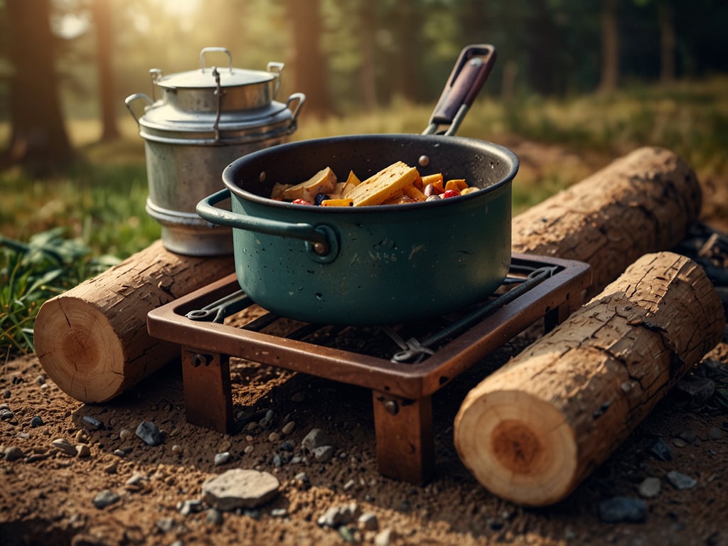 Auf dem Bild ist ein Outdoor-Kocher zu sehen, auf dem ein Topf mit verschiedenen Zutaten gekocht wird. Neben dem Kocher steht ein metallener Wasserbehälter. Der Kocher befindet sich auf einem Naturboden, umgeben von Holzstücken und einer grünen Landschaft im Hintergrund. Es scheint eine gemütliche Atmosphäre in der Natur zu sein, ideal zum Kochen im Freien.
