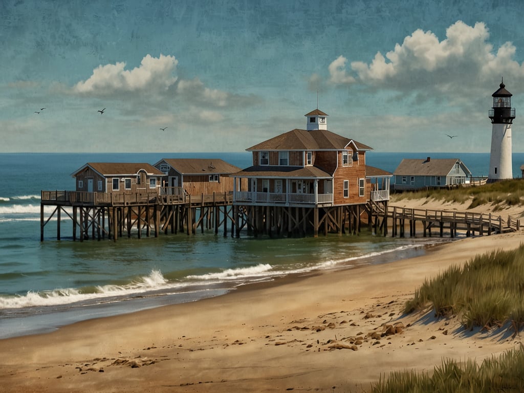 Auf dem Bild ist eine malerische Küstenlandschaft zu sehen, die an die Outer Banks erinnert. Im Vordergrund befindet sich ein Holzsteg, der zu einem Hauptgebäude auf Pfählen führt, das wahrscheinlich als Restaurant oder Geschäft dient. Auf der rechten Seite steht ein Leuchtturm, der für Fischer und Boote eine wichtige Orientierung bietet. Der Strand ist mit sanften Wellen und Sand bedeckt, während im Hintergrund eine klare, blaue Himmel mit ein paar Wolken zu sehen ist. Die gesamte Szene vermittelt eine entspannte, maritime Atmosphäre, die oft in den Outer Banks zu finden ist.