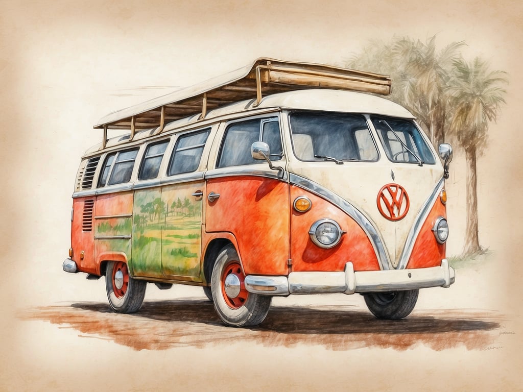 Auf dem Bild ist ein klassischer Volkswagen-Bus zu sehen, der oft mit Abenteuer, Freiheit und einem umweltbewussten Lebensstil assoziiert wird. Diese Art von Fahrzeug kann in einem Kontext von Nachhaltigkeit interpretiert werden, besonders wenn man bedenkt, dass viele Menschen heute kreative Möglichkeiten suchen, um umweltfreundlich zu reisen oder alternative Energien zu nutzen. 

Ein solcher Bus kann auch als Symbol für soziales Engagement dienen, indem er Gemeinschaftsreisen und ein Gefühl der Zusammengehörigkeit fördert. Menschen nutzen ihn, um gemeinsam die Natur zu erleben und dabei umweltbewusst zu handeln. Die bunte Gestaltung des Busses reflektiert vielleicht die Vielfalt und den kreativen Geist der Gemeinschaft, die sich für nachhaltige Praktiken und soziale Verantwortung einsetzt.