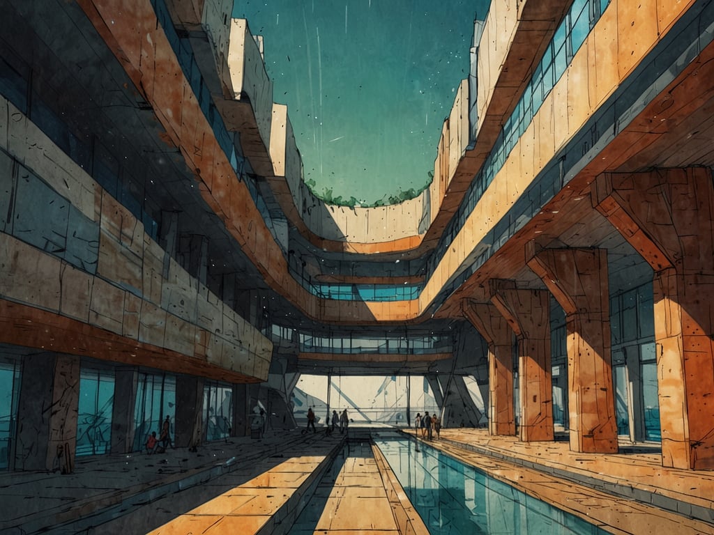 Auf dem Bild ist eine moderne Architektur zu sehen, die mit einem futuristischen Design beeindruckt. Die weitläufigen, offenen Räume und die schlichten, aber eleganten Linien verleihen dem Gebäude eine zeitgemäße Ästhetik. Die Verwendung von Materialien wie Beton und Glas schafft Transparenz und Lichtdurchlässigkeit, während die großzügigen Fenster und die durchdachte Raumaufteilung ein Gefühl von Offenheit vermitteln. 

Die begrünten Elemente deuten auf einen nachhaltigen Ansatz hin, der die Verbindung zwischen Natur und Architektur betont. Dieses Bauwerk spiegelt somit den modernen Trend wider, naturnahe und funktionale Lebensräume zu schaffen, die zukunftsorientiert sind. Der Raum wird von vielen Menschen frequentiert, was das lebendige Design und die urbanen Ansprüche unterstreicht.
