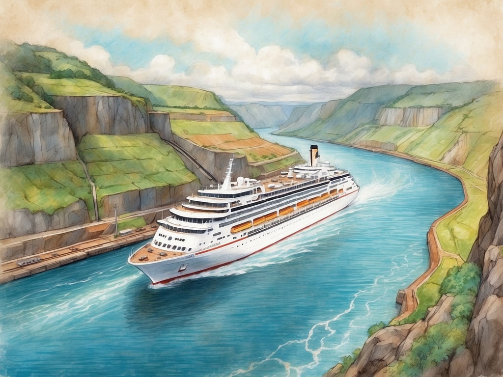 Auf dem Bild ist ein Kreuzfahrtschiff zu sehen, das durch eine schmale Wasserstraße fährt, die von steilen, grünen Hängen flankiert wird. Diese Szenerie erinnert stark an den Panamakanal, der für seine beeindruckenden Ausblicke und seine ingenieurtechnische Meisterleistung bekannt ist.

**Highlights und Routen des Panamakanals:**

1. **Panamakanal Querung:** Viele Kreuzfahrten bieten eine volle Durchquerung des Kanals, bei der Passagiere die Schleusen von Gatun, Pedro Miguel und Miraflores erleben können.
  
2. **Beeindruckende Landschaften:** Der Kanal schlängelt sich durch eine abwechslungsreiche Landschaft mit tropischer Vegetation, einzigartiger Fauna und beeindruckenden Ausblicken auf Berge und Wälder.
  
3. **Haltestellen:** Kreuzfahrten können auch Stopps in Städten wie Panama-Stadt und Colon beinhalten, wo Passagiere lokale Sehenswürdigkeiten erkunden können.

4. **Faszination des Schiffsverkehrs:** Passagiere erleben hautnah die verschiedenen Schiffe und Frachter, die durch den Kanal navigieren, was die Reise besonders spannend macht.

Kreuzfahrten durch den Panamakanal kombinieren atemberaubende Natur mit einem faszinierenden technischen Meisterwerk.