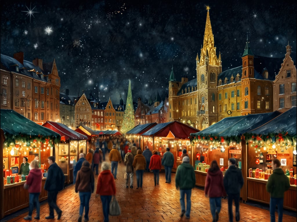 Auf dem Bild sind weihnachtliche Marktbuden zu sehen, die festlich geschmückt sind und in einer stimmungsvollen Nachtaufnahme dargestellt werden. Es scheinen viele Menschen unterwegs zu sein, die die Atmosphäre genießen. Im Hintergrund ragt ein großer, beleuchteter Weihnachtsbaum auf, ergänzt durch die festliche Dekoration der Gebäude und eine charmante Architektur, die an europäische Städte erinnert. 

In Paris im Dezember gibt es zahlreiche Weihnachtsmärkte, wie den berühmten Markt auf den Champs-Élysées, der mit Lichtern und Ständen für Kunsthandwerk und Leckereien lockt. Auch die Märkte rund um die Kathedrale Notre-Dame und der Gare de Lyon bieten festliche Erlebnisse mit Glühwein, Crepes und handgefertigten Geschenken.