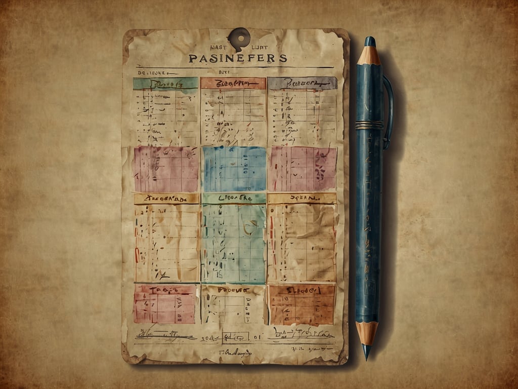 Auf dem Bild ist eine alte Passagierliste zu sehen. Diese Liste ist handgeschrieben und enthält verschiedene Spalten, die vermutlich Informationen über Passagiere, wie deren Namen und eventuell die Klassen oder Reiseziele, aufzeichnen. Neben der Liste liegt ein blauer Stift. Der Hintergrund hat eine vintage-artige Textur, die das Bild insgesamt nostalgisch wirken lässt.