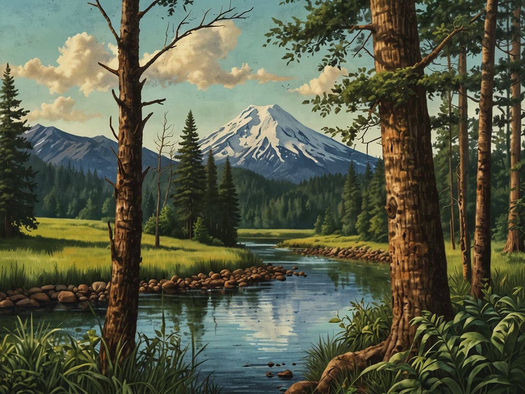 Auf dem Bild ist eine malerische Naturlandschaft mit majestätischen Bergen, einem ruhigen Fluss und dichten Wäldern zu sehen. Für Naturliebhaber und Abenteurer wären Aktivitäten wie Wandern auf den Bergen, Kajakfahren auf dem Fluss, Angeln, Vogelbeobachtung oder einfach ein Picknick in der Idylle der Wiese ideal. Diese Umgebung lädt dazu ein, die Schönheit der Natur zu erkunden und sich aktiv im Freien zu betätigen.